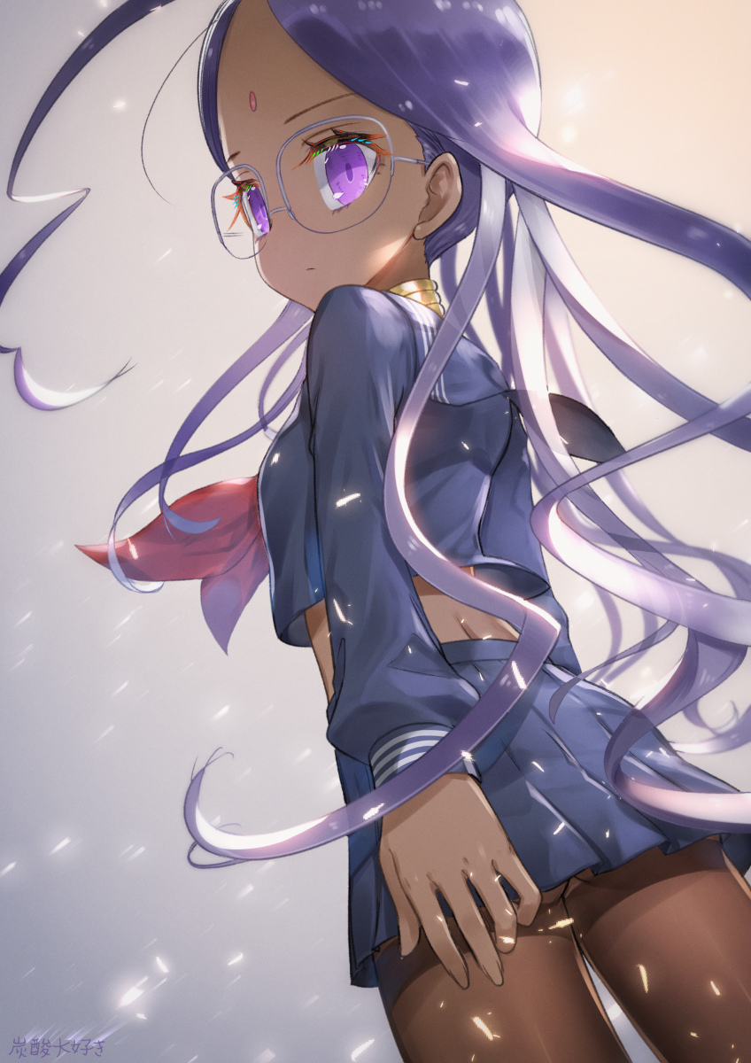 1girl ahoge ass back bloom breasts closed_mouth cowboy_shot crop_top crop_top_overhang dark_skin dutch_angle expressionless fate/extra fate_(series) forehead forehead_jewel from_behind from_below glasses glint gold highres light_particles long_hair long_sleeves looking_at_viewer looking_back nape neckerchief pantyhose parted_bangs purple_eyes purple_hair rani_viii sailor_collar school_uniform simple_background small_breasts tansan_daisuki thighband_pantyhose very_long_hair
