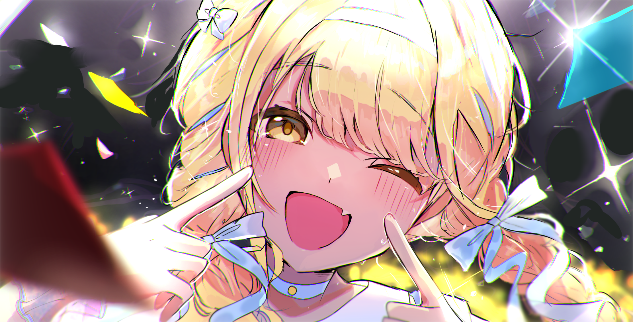 1girl ;d blonde_hair blue_choker blue_ribbon blush braid choker chromatic_aberration commentary fang fingers_to_cheeks fujita_kotone gakuen_idolmaster hair_ribbon highres idolmaster long_hair one_eye_closed open_mouth ribbon sekaiichi_kawaii_watashi_(idolmaster) skin_fang smile solo sparkle sweat tenryuu_(dmvj5758) twin_braids yellow_eyes