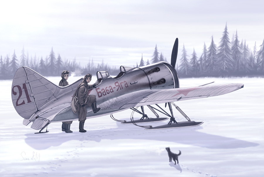 2girls aircraft airplane breath cloud cyrillic dog footprints military_vehicle multiple_girls outdoors pilot polikarpov_i-16 propeller_fighter russian_text same_(112744) same_(carcharodon) sky snow soldier soviet translated tree vehicle_focus world_war_ii
