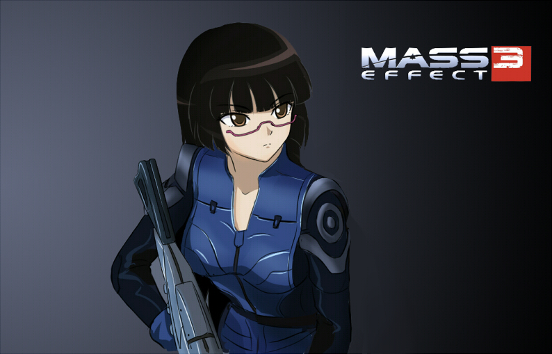 1girl an-bl assault_rifle black_hair blunt_bangs bodysuit brown_eyes chiaki_kurihara copyright_name crossover female_focus glasses gun long_hair m-8_avenger mass_effect_(series) mass_effect_3 miniskirt_pirates red-framed_eyewear rifle science_fiction semi-rimless_eyewear solo under-rim_eyewear weapon