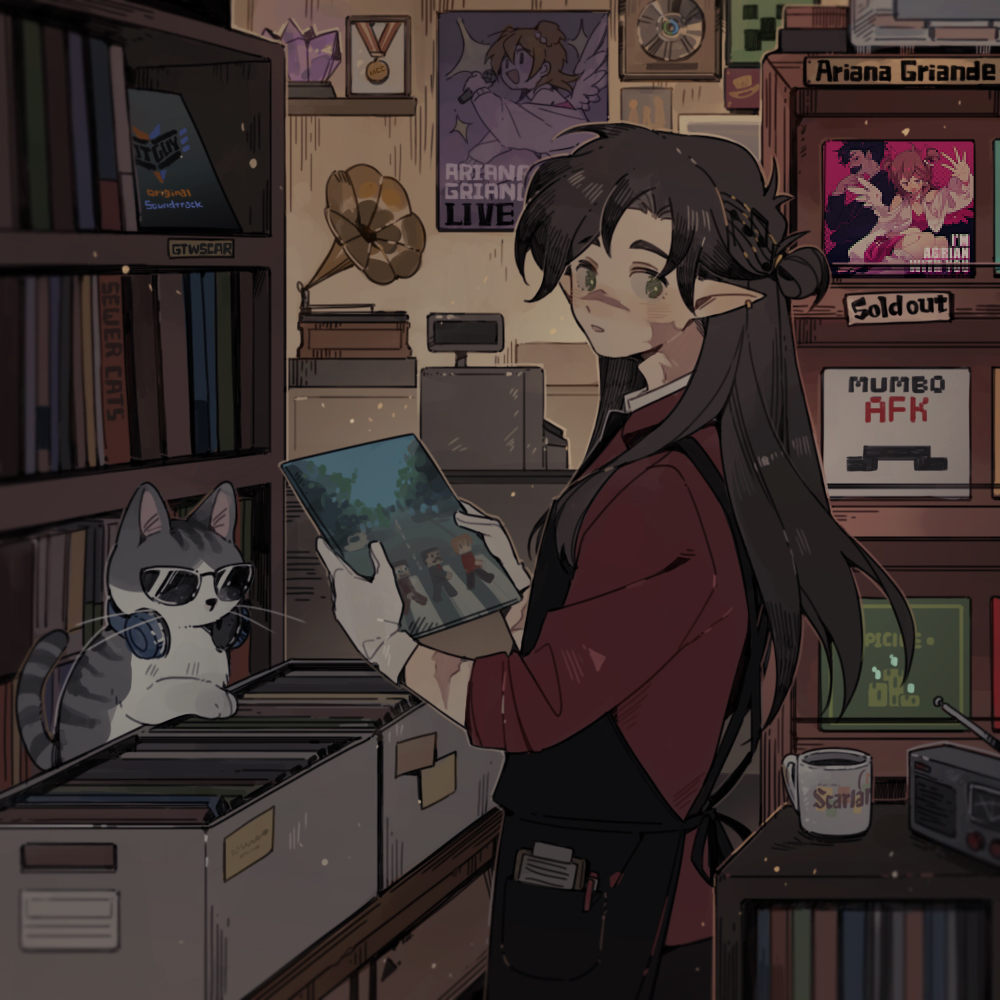 1boy abbey_road absurdly_detailed_composition album_cover alternate_costume apron ariana_griande_(hermitcraft) brown_hair casual cat commentary contemporary cover creeper cup english_commentary goodtimeswithscar goodtimeswithscar_(elvish) goodtimeswithscar_(hotguy) grian_(youtuber) hair_bun hermitcraft holding indoors jellie_(hermitcraft) loaded_interior long_hair luminous_slime male_focus mc_championship medal minecraft minecraft_(style) minecraft_youtube mug mumbo_jumbo_(youtuber) official_alternate_hair_length official_alternate_hairstyle parody pointy_ears poster_(object) radio scar scarland shop single_hair_bun solo_focus the_beatles vinyl_record