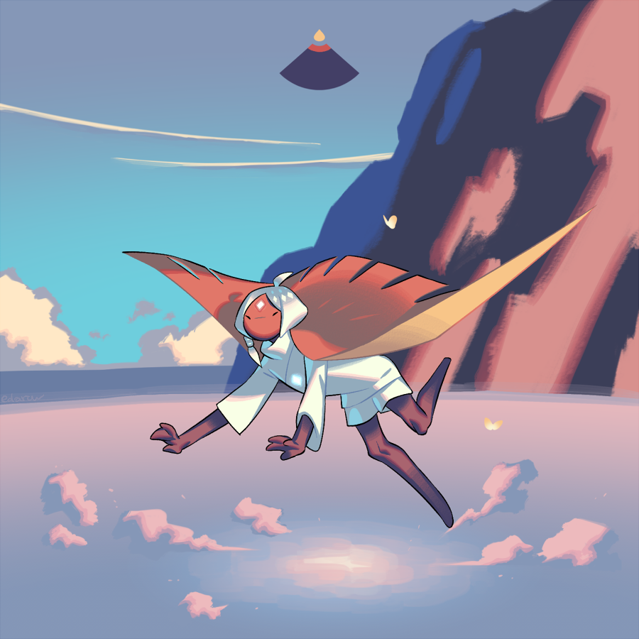 1other brown_cloak cloak closed_eyes cloud commentary edarow english_commentary flying outdoors short_hair shorts sky:_children_of_the_light sky_child white_hair