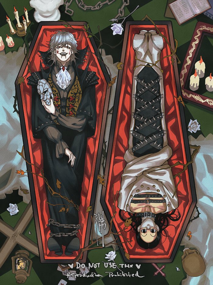 2boys alternate_costume ascot black_eyes black_hair candle coffin empty_eyes facial_mark flower from_above full_body halloween hisoka_morow holding holding_mask hunter_x_hunter illumi_zoldyck kilva_lollop lantern long_hair lying male_focus mask multiple_boys on_back red_hair restrained rotational_symmetry short_hair spiked_hair star_(symbol) star_facial_mark stone_mask straight-on teardrop_facial_mark vampire_costume