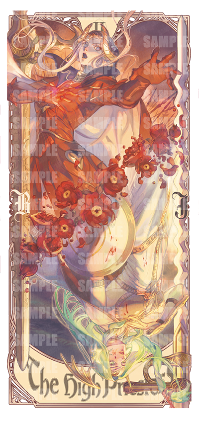2girls abstract_background arm_guards armor blonde_hair cape collared_cape commentary_request double_bun dress edelgard_von_hresvelg edelgard_von_hresvelg_(timeskip) fake_head_wings fake_horns fake_wings fire_emblem fire_emblem:_three_houses flower gradient_background green_eyes green_hair hair_bun hair_flowing_over hair_up headpiece high_collar holding holding_shield horns long_hair looking_to_the_side multiple_girls nintendo open_mouth purple_eyes reaching reaching_towards_viewer red_cape red_dress red_flower rhea_(fire_emblem) shield tarot tarot_(shakurkoi) upside-down user_wkee3737 watermark wavy_hair white_dress wings