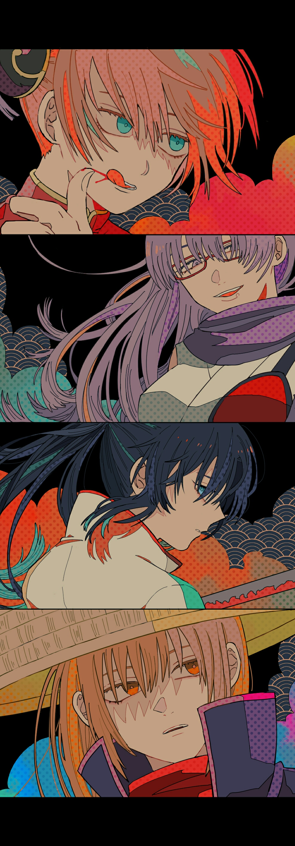 4girls absurdres blue_eyes blue_hair brown_hair dark_blue_hair gintama glasses hanatarou hat highres kagura_(gintama) long_hair multiple_girls mutsu_(gintama) orange_hair ponytail purple_hair sarutobi_ayame scarf seigaiha smile yagyuu_kyuubei