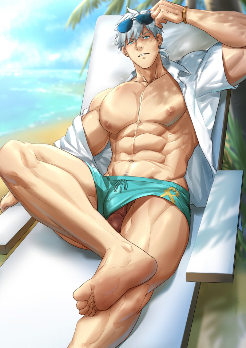 1boy abs aqua_male_swimwear bara barefoot beach beach_chair blue_eyes bracelet chachi_(soulga) character_request chinese_commentary collarbone copyright_request day eyewear_on_head flaccid foot_out_of_frame horizon jewelry lying male_focus male_swimwear muscular muscular_male navel nipples on_chair outdoors palm_tree pectorals penis percival_(fate) percival_(summer_knight_outfit)_(fate) solo sunglasses tree tree_shade white_hair yellow_bracelet