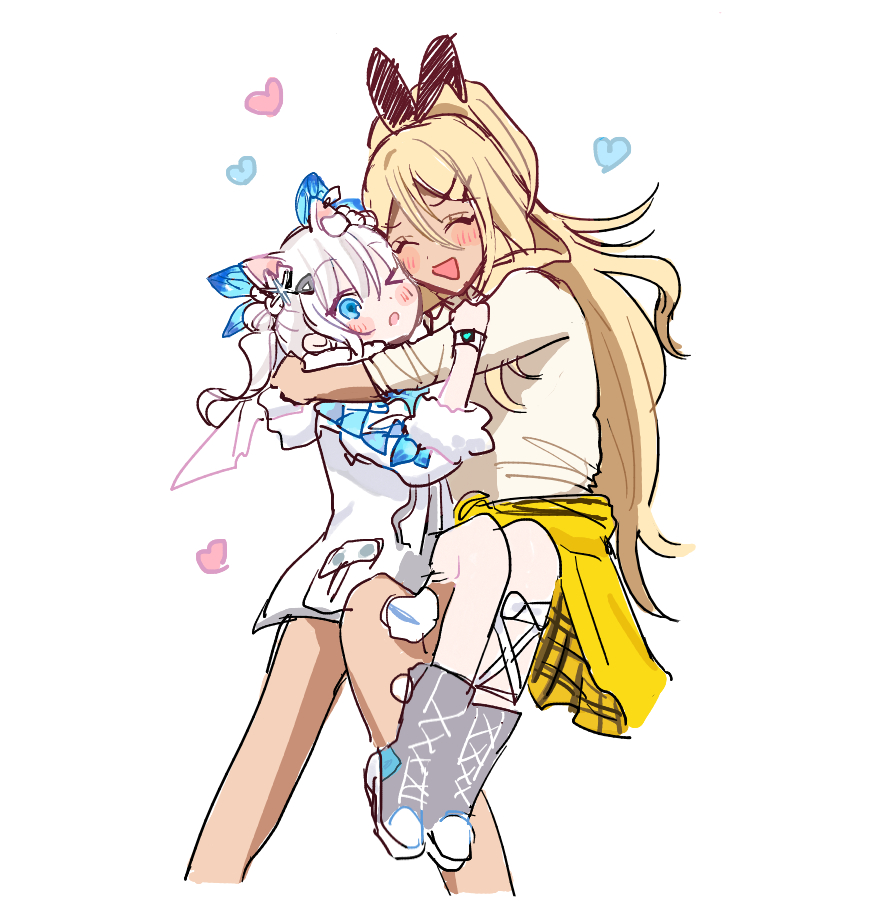 &gt;_o 2girls :d :o arm_up bare_legs blonde_hair blue_eyes blush character_request closed_eyes commentary_request copyright_request grey_shoes hair_between_eyes hand_up heart hug kumo_tabetai long_hair multiple_girls one_eye_closed open_mouth shoes simple_background sitting smile very_long_hair white_background white_hair