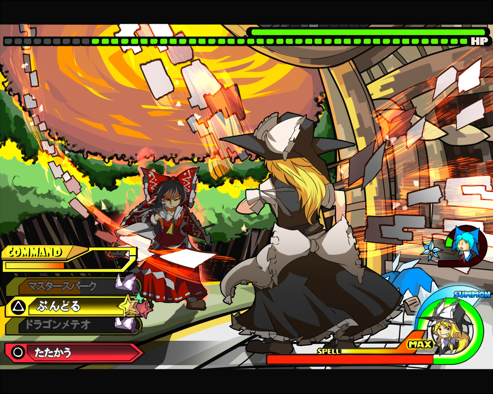 3girls black_hair blonde_hair bow cirno fake_screenshot from_behind gameplay_mechanics hair_bow hakurei_reimu hat health_bar kingdom_hearts kirisame_marisa long_hair multiple_girls parody touhou witch witch_hat yadokani yadokari yadokari_(yadokani)