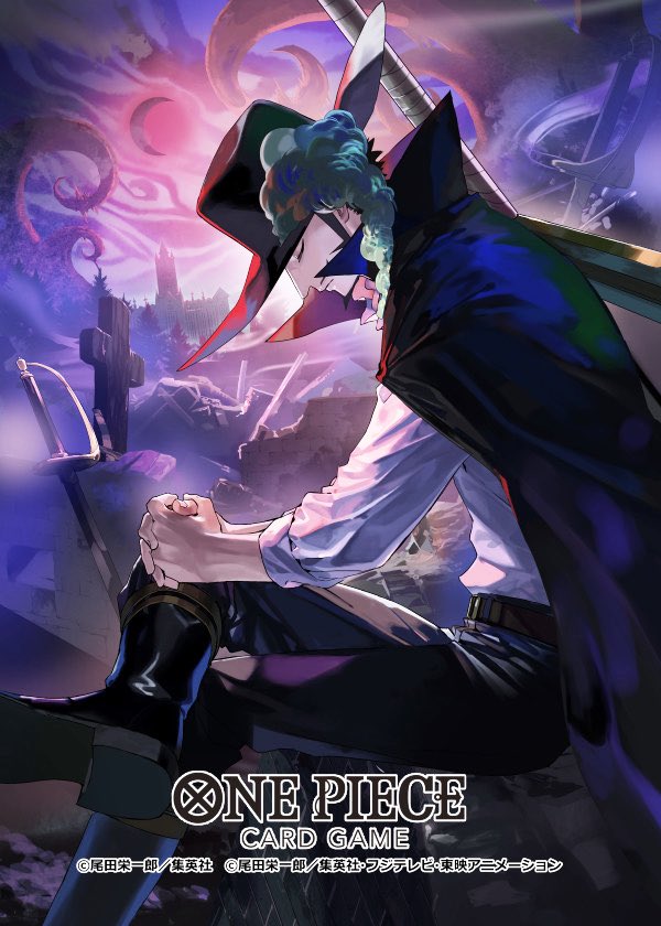 1boy beard black_cape boots cape closed_eyes closed_mouth commentary_request copyright_name crossed_arms dracule_mihawk facial_hair hat_feather interlocked_fingers male_focus matsumoto_akira mustache official_art one_piece one_piece_card_game outdoors shirt sitting solo sword sword_on_back weapon weapon_on_back white_shirt