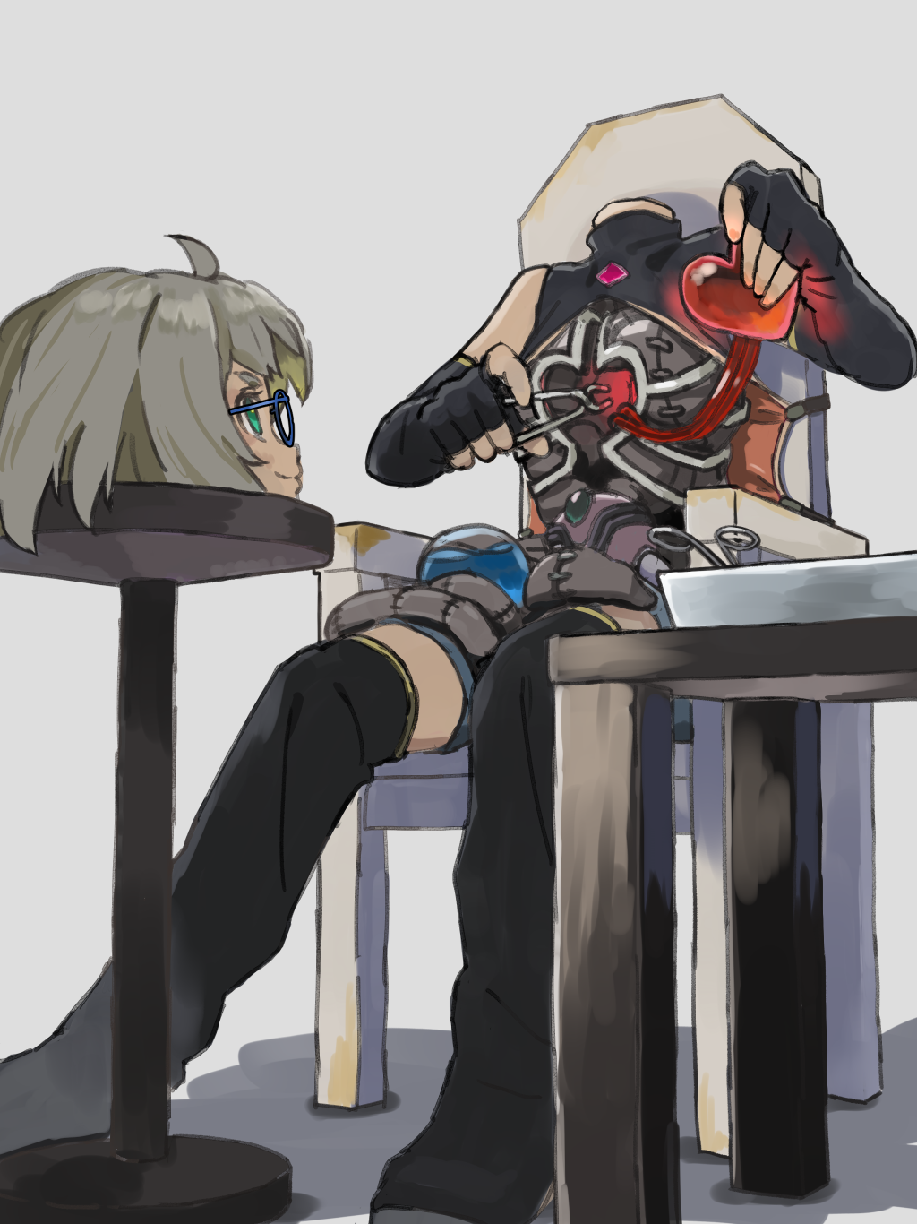 1boy ahoge android blue-framed_eyewear boots cable detached_sleeves fingerless_gloves full_body gloves headless heart heart_(organ) highres maintenance mecha_danshi mechabare original scissors short_hair sitting surgical_scissors table thigh_boots tweezers vanilla_(vanillaklein) vanillaklein