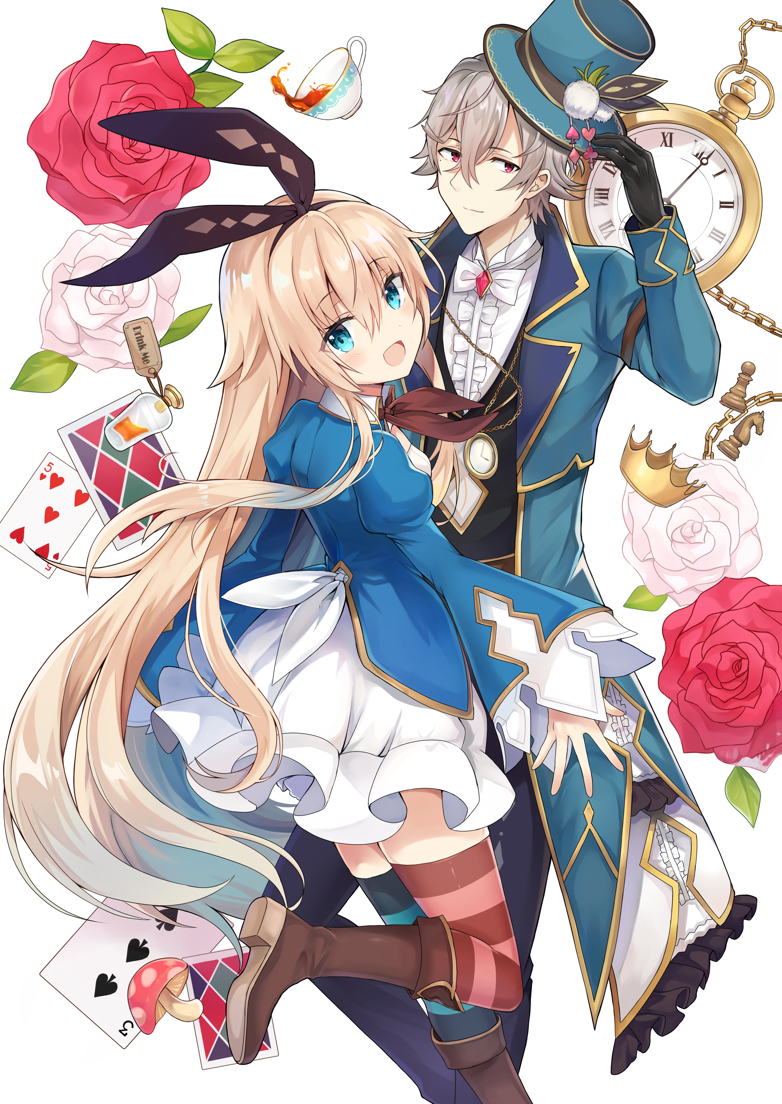 1boy 1girl absurdres alice_(grimms_notes) alice_(original)_(grimms_notes) aqua_thighhighs asymmetrical_legwear back black_pants blonde_hair blue_dress blue_eyes boots brown_boots bubble_skirt clock_necklace dress flower gradient_hair green_hat green_jacket grey_hair grimms_notes hat highres jacket lewis_carroll_(grimms_notes) lewis_carroll_(original)_(grimms_notes) long_hair mismatched_legwear multicolored_hair official_alternate_costume open_mouth pants red_eyes red_flower red_rose red_thighhighs retsuto rose shirt short_hair skirt smile thighhighs very_long_hair white_flower white_rose white_shirt