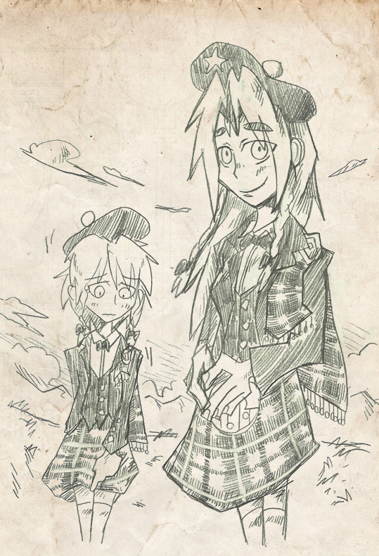 2girls alternate_costume hat hong_meiling izayoi_sakuya kilt monochrome multiple_girls scotland setz sketch touhou