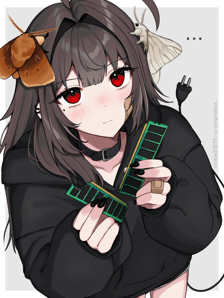 ... 1girl ahoge animal animal_on_head artist_name bags_under_eyes bandaid bandaid_on_face belt_collar black_hair black_headband black_nails blush border bug closed_mouth collar commentary_request cowboy_shot ear_piercing electric_plug electric_plug_tail grey_background hair_intakes headband highres holding insect long_hair long_sleeves looking_ahead mole mole_under_eye moth on_head original piercing ram_(computer) red_eyes solo tail vickie_(cryingrobot) vickie_(cryingrobot)_(character) white_border