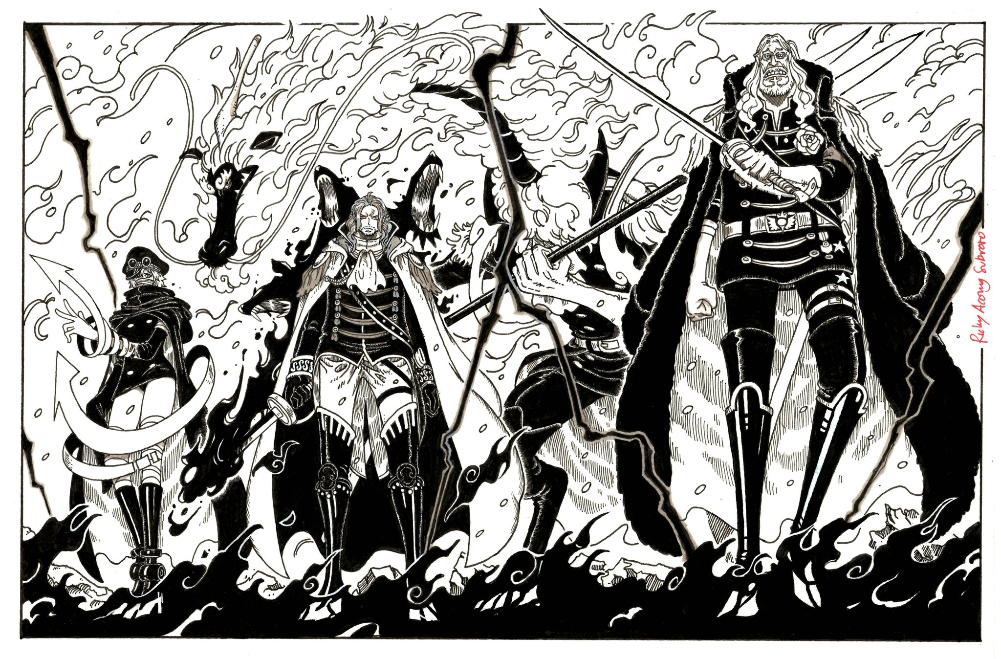 1girl 3boys arrow_(symbol) artist_name ascot beard beard_stubble black_gloves black_jacket black_panties boots cape cerberus commentary devil_fruit_power dragon_boy elbow_gloves english_commentary epaulettes facial_hair figarland_shamrock flower glasses gloves goggles goggles_on_headwear gunko highres holding holding_sword holding_weapon jacket living_weapon long_hair mas_ricky_acong_subroto mask military_uniform monochrome mouth_mask multiple_boys mustache_stubble no_pants one_piece panties qilin_(mythology) rimoshifu_killingham rogatywka rose shepherd_sommers short_hair stubble sword thigh_boots underwear weapon white_ascot white_cape white_gloves
