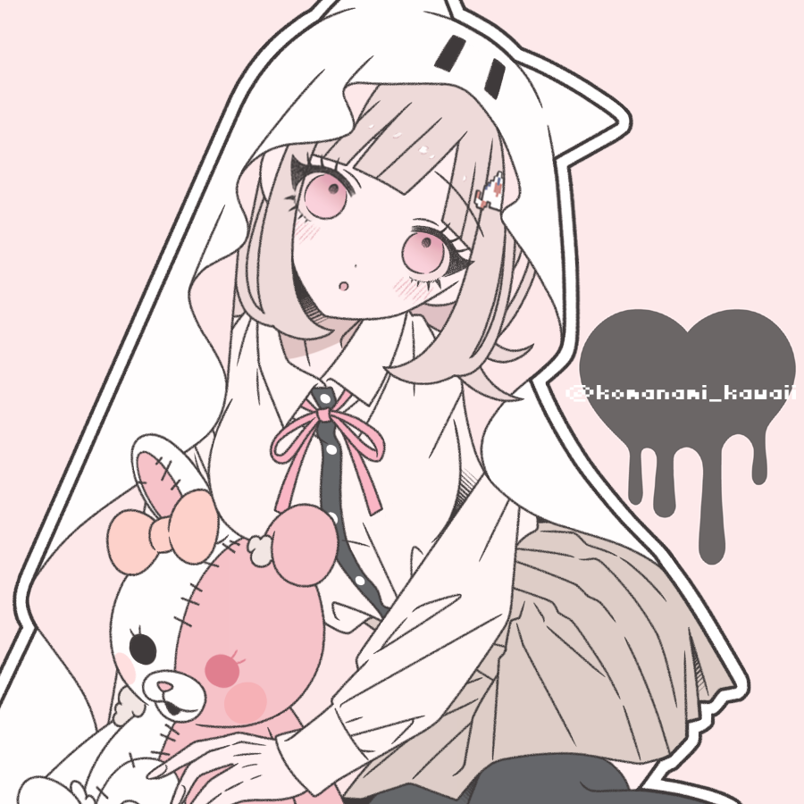 1girl artist_name breasts brown_hair collared_shirt danganronpa_(series) danganronpa_2:_goodbye_despair doll flipped_hair ghost_costume hair_ornament komanami_kawaii long_sleeves looking_at_viewer medium_hair monomi_(danganronpa) nanami_chiaki neck_ribbon no_jacket pink_eyes pink_ribbon ribbon shirt skirt stuffed_animal stuffed_rabbit stuffed_toy thighhighs two-tone_shirt veil white_shirt