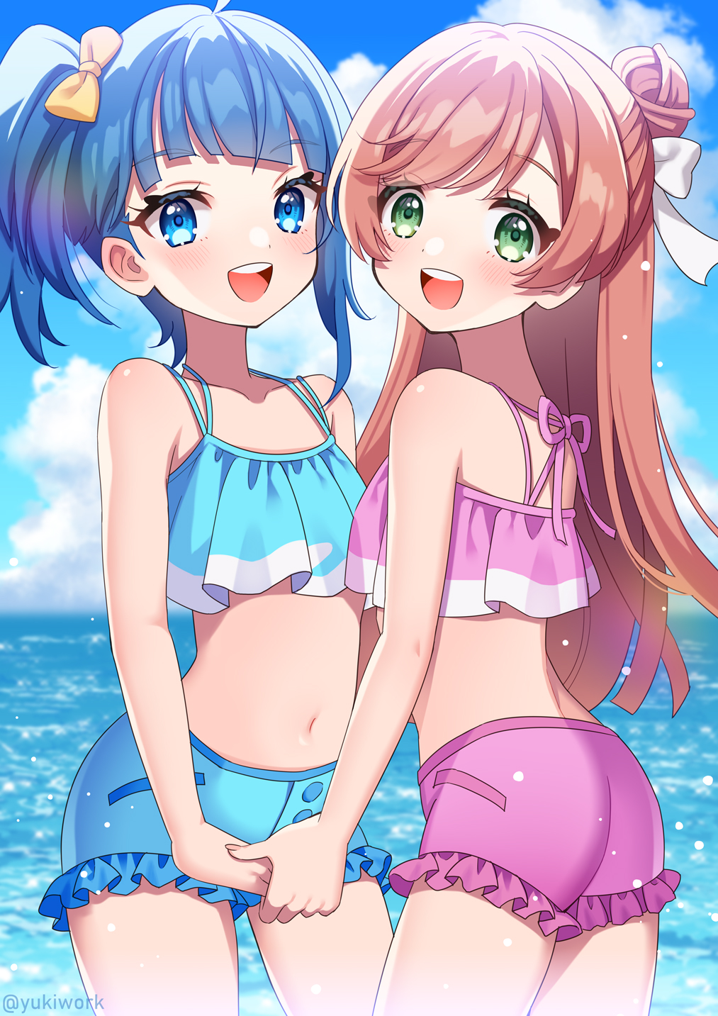 2girls bikini bikini_shorts blue_bikini blue_eyes blue_hair blue_sky blurry blurry_background cloud cloudy_sky cut_bangs day depth_of_field frilled_bikini frills green_eyes hair_bun hair_ribbon highres hirogaru_sky!_precure holding_hands horizon long_hair looking_at_viewer looking_back matching_outfits medium_hair multiple_girls navel nijigaoka_mashiro ocean open_mouth outdoors pink_bikini pink_hair precure ribbon shorts side_ponytail single_hair_bun single_sidelock sky smile sora_harewataru standing swimsuit white_ribbon yellow_ribbon yukinko_(yukiwork)