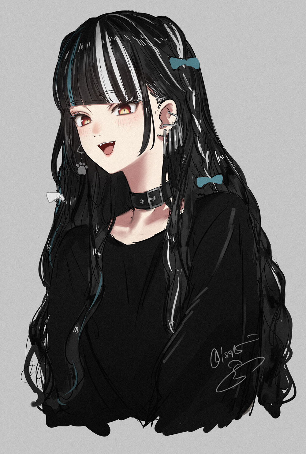 black_hair black_shirt blue_bow blue_hair bow bowtie choker collarbone earrings grey_hair hair_over_shoulder harusaruhi highres isshiki_(ffmania7) jewelry kamitsubaki_studio long_hair looking_at_viewer multicolored_hair open_mouth red_eyes shirt simple_background smile