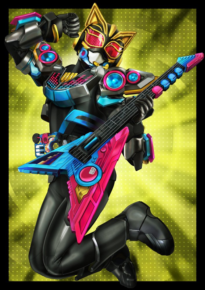 1girl animal_ears animal_hands axe beat_axe beat_buckle belt black_bodysuit bodysuit boots breasts cat_ears clenched_hand desire_driver rider_belt earpiece glowing glowing_eyes guitar holding holding_instrument instrument kamen_rider kamen_rider_geats_(series) kamen_rider_na-go keytar looking_at_viewer lying masukudo_(hamamoto_hikaru) medium_breasts microphone multiple_views music off-shoulder_shirt off_shoulder on_back paw_pose pink_eyes playing_instrument raise_buckle shirt shorts sparkle tank_top thick_thighs thighs tokusatsu two-tone_background white_background yellow_background