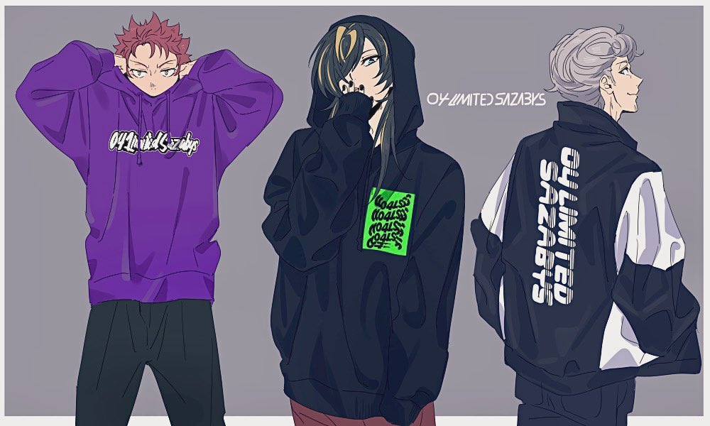 3boys aimono_jyushi amaguni_hitoya anarchy_ptck arms_up bad_ass_temple black_hair black_hoodie black_jacket black_pants border covering_own_mouth cowboy_shot grey_background hand_in_pocket hand_over_own_mouth harai_kuko hood hood_down hood_up hoodie hypnosis_mic jacket long_hair long_sleeves looking_at_viewer looking_back male_focus multicolored_hair multiple_boys nail_polish outside_border pants purple_hoodie red_hair short_hair sleeves_past_wrists standing streaked_hair white_border