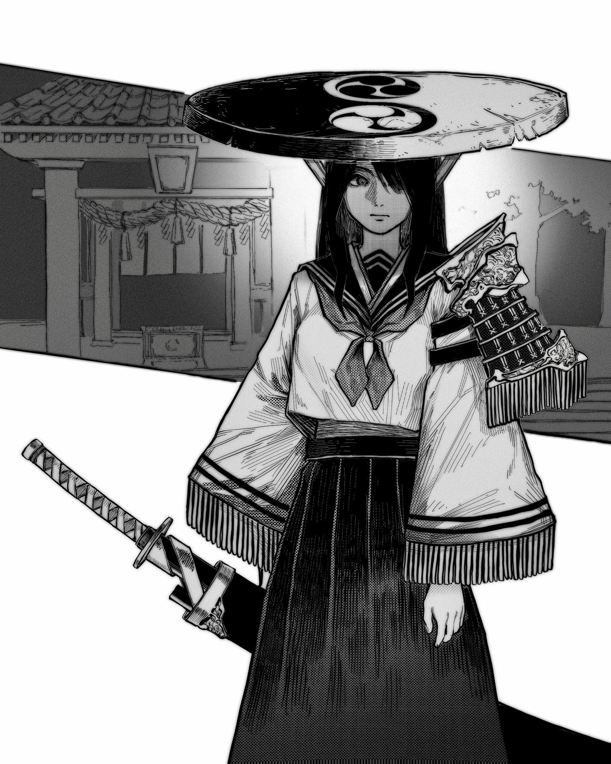 1girl absurdres armor chin_strap closed_mouth commentary fringe_trim greyscale hair_over_one_eye hat highres holding holding_sword holding_weapon japanese_armor long_hair long_skirt long_sleeves making-of_available mitsudomoe_(shape) monochrome neckerchief one_eye_covered original pleated_skirt sandogasa school_uniform serafuku sheath sheathed shirt_overhang shoulder_armor sideways_glance skirt sode solo standing sword tomoe_(symbol) weapon wide_sleeves yin_yang zero808w