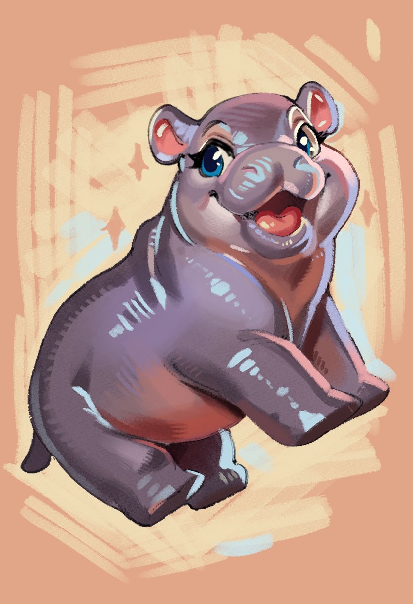 animal_focus blue_eyes highres hippopotamus moo_deng no_humans nocturneyoru open_mouth real_life solo