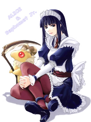 1girl alice_(ragnarok_online) apron baphomet_jr black_eyes black_hair black_shoes blunt_bangs brown_pantyhose brown_sash closed_mouth commentary_request full_body high_heels holding holding_scythe long_hair looking_at_viewer lowres maid maid_headdress mr.romance pantyhose ragnarok_online scythe shoes sidelocks simple_background sitting smile solo white_apron white_background