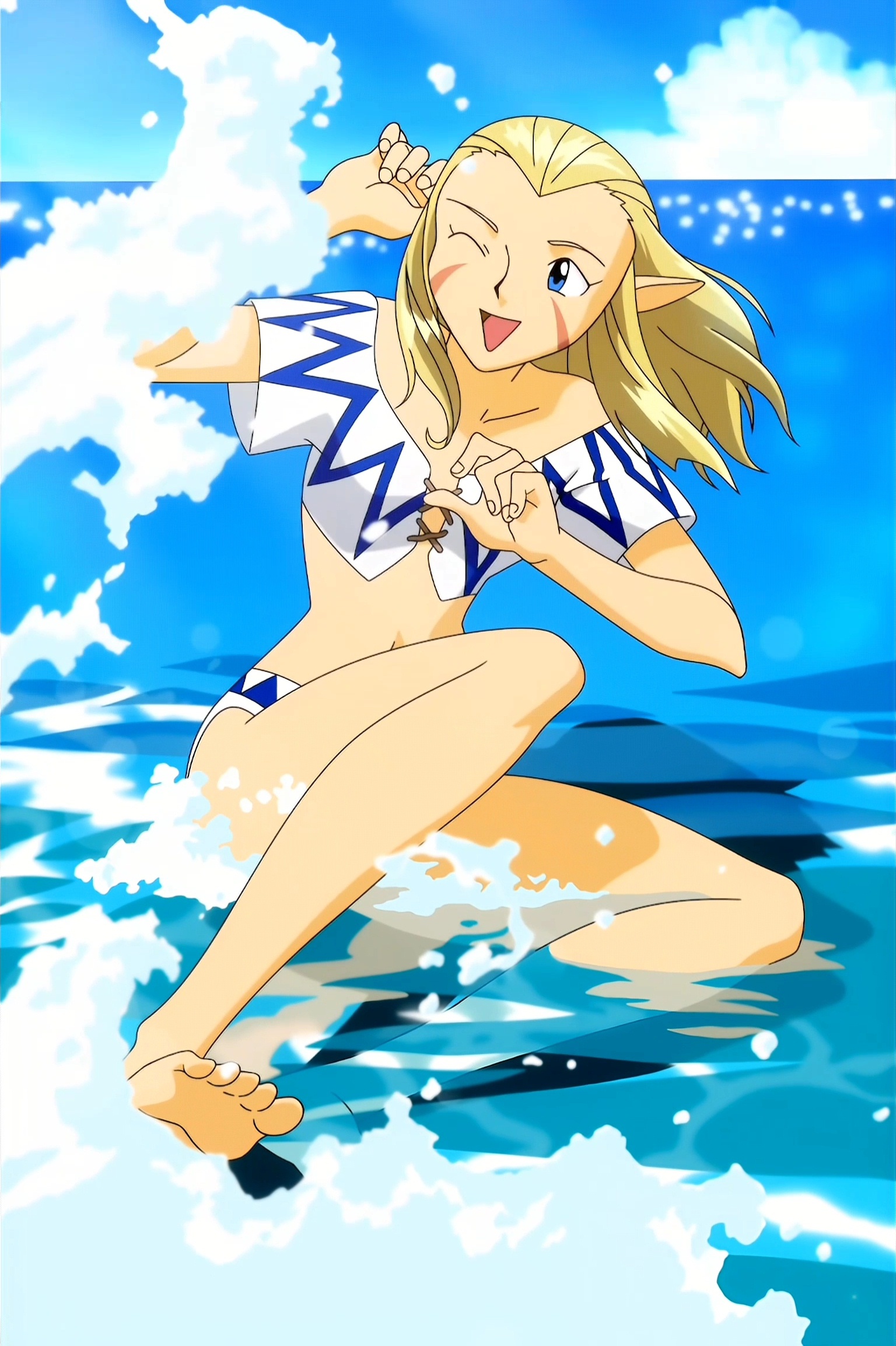blonde_hair blue_eyes bromide cloud facial_mark highres in_water jessica_de_alkirk lunar lunar:_the_silver_star ocean official_art one_eye_closed pointy_ears sky smile splashing swimsuit
