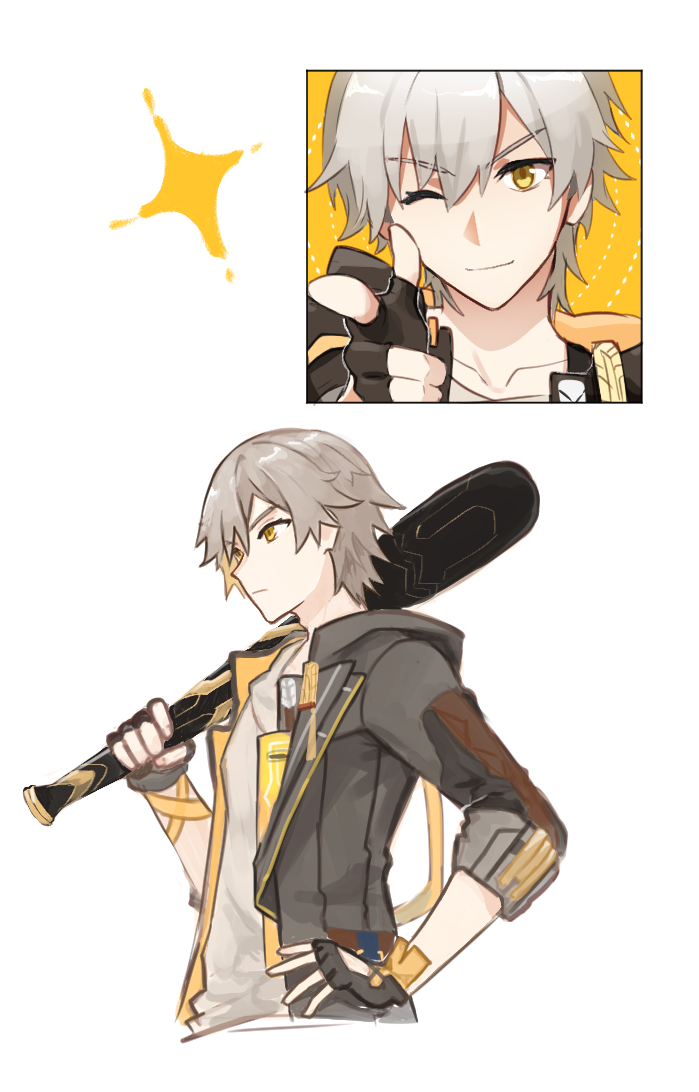 1boy bang_(gesture) baseball_bat closed_mouth finger_gun fingerless_gloves gloves grey_gloves grey_hair grey_jacket grey_shirt hand_on_own_hip holding holding_baseball_bat honkai:_star_rail honkai_(series) honkai_impact_3rd jacket looking_at_viewer lumbbyz caelus_(honkai:_star_rail) multiple_views one_eye_closed open_clothes open_jacket pointing pointing_at_viewer shirt short_hair simple_background smile star_(symbol) trailblazer_(honkai:_star_rail) white_background yellow_background yellow_eyes