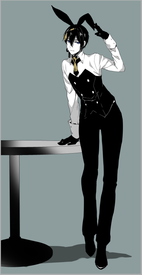 10s 1boy animal_ears black_gloves blue_eyes rabbit_ears full_body gloves male_focus male_playboy_bunny mikazuki_munechika monochrome personification smile solo spot_color table tenkuu_sphere touken_ranbu