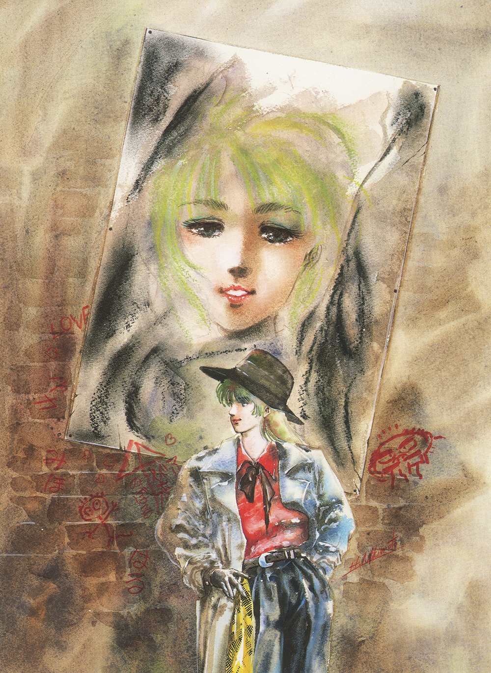 1980s_(style) 1girl alley baggy_clothes baggy_pants belt coat damaged dirty dual_persona gloves green_hair hands_in_pockets hat highres looking_at_viewer megazone_23 mikimoto_haruhiko oldschool pants poster_(object) production_art promotional_art red_lips retro_artstyle scan smile tokimatsuri_eve traditional_media vandalism