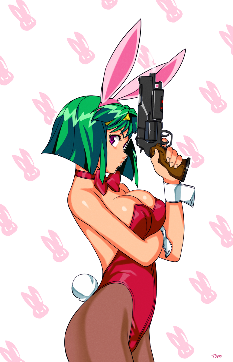 1girl angry animal_ears bad_id bad_tumblr_id bare_arms bare_shoulders bob_cut bow bowtie breast_hold breasts brown_pantyhose burn-up burn-up_excess cleavage commentary fake_animal_ears female_focus from_side green_hair gun hairband handgun highleg highleg_leotard highres holding holding_gun holding_weapon jinguu_maya large_breasts leotard looking_at_viewer neck o3o optionaltypo pantyhose patterned_background playboy_bunny purple_eyes rabbit_background rabbit_ears rabbit_tail red_bow red_bowtie red_leotard revolver serious shiny_skin short_hair sideboob solo standing strapless strapless_leotard tail trigger_discipline weapon wrist_cuffs yellow_hairband
