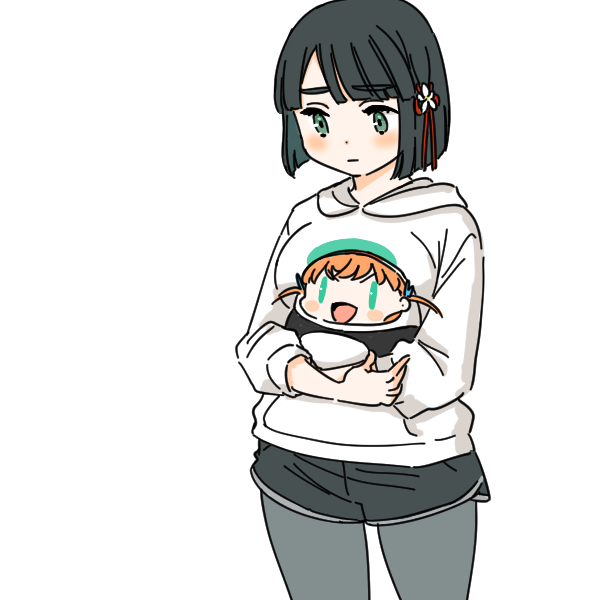 1girl :d :| aqua_eyes black_hair black_pantyhose black_shorts blunt_bangs blunt_ends blush blush_stickers breasts character_doll chibi closed_mouth cowboy_shot crossed_bangs doll dolphin_shorts flower flower_knot green_eyes hair_flower hair_ornament hinoshita_kaho holding holding_stuffed_toy hood hoodie large_breasts link!_like!_love_live! love_live! momose_ginko momose_ginko_(summer_training_wear) official_alternate_costume open_mouth orange_hair pantyhose pantyhose_under_shorts rabbit_hair_ornament shinanoya_(satanicad) short_hair short_shorts shorts simple_background smile solo stuffed_animal stuffed_bird stuffed_toy three-quarter_sleeves tsuru_(love_live!) two_side_up v-shaped_eyebrows virtual_youtuber white_background white_hoodie |_|