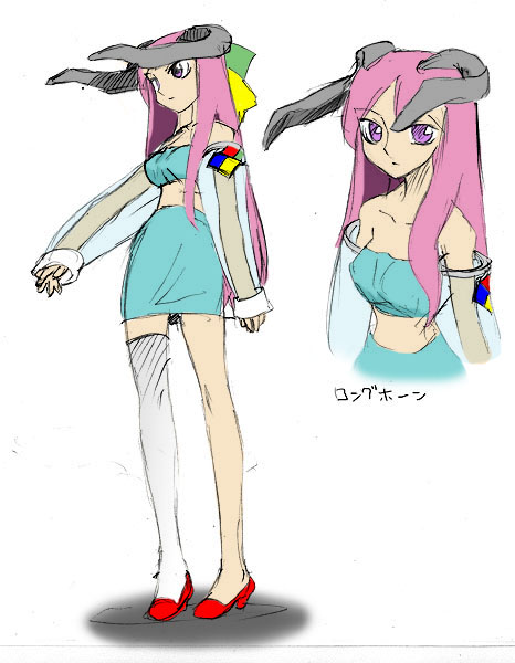 1girl bare_shoulders bow character_name reference_sheet detached_sleeves hair_bow high_heels horns long_hair long_legs longhorn looking_afar looking_at_viewer midriff narrow_waist os-tan outstretched_arm parted_bangs pencil_skirt pink_hair purple_eyes see-through_clothes shadow shoes simple_background single_thighhigh sketch skirt sleeves_past_wrists standing strapless thighhighs tube_top very_long_hair white_background white_thighhighs
