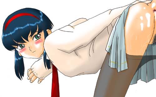 1girl anus ass bent_over black_hair blush clothes_lift clothes_pull cum female_focus female_pubic_hair green_eyes hair_ornament hairband kumashiro_sakuya looking_back lowres no_panties pantyhose pantyhose_pull pubic_hair pussy pussy_juice school_uniform short_hair simple_background skirt skirt_lift solo tenchi_muyou! white_background