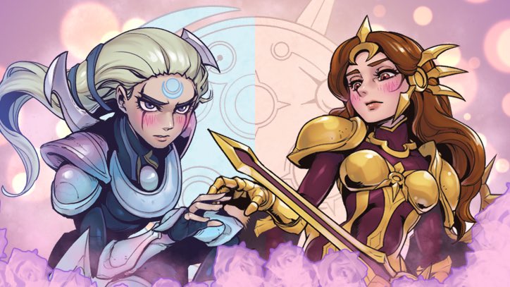 2girls armor armored_dress armored_gloves black_gloves blush brown_eyes brown_hair closed_mouth commentary diana_(league_of_legends) dress english_commentary fingerless_gloves gloves grey_eyes grey_hair hair_slicked_back holding holding_sword holding_weapon league_of_legends leona_(league_of_legends) looking_at_another looking_at_viewer multiple_girls parted_lips phantom_ix_row shoulder_armor sword upper_body weapon yuri