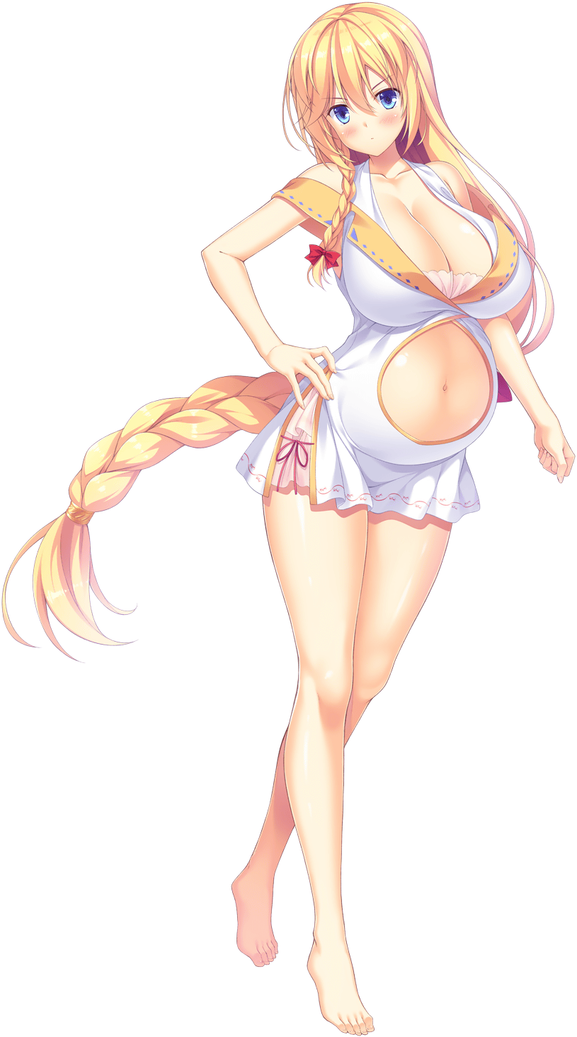 1girl alencia_jonah_elborg barefoot blonde_hair blue_eyes blush braid braided_ponytail breasts closed_mouth clothing_cutout dot_mouth full_body game_cg hand_on_own_hip highres hinata_nao large_breasts long_hair maternity_dress navel non-web_source official_art pregnant sex_open_world_e_youkoso! side_braid single_braid solo stomach_cutout transparent_background v-shaped_eyebrows very_long_hair
