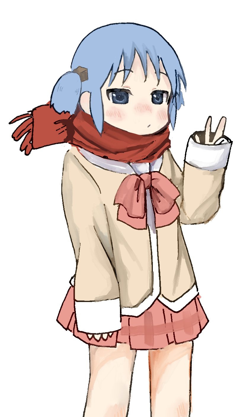 1girl blue_eyes blue_hair blush bow bowtie closed_mouth cube_hair_ornament feet_out_of_frame hair_ornament highres jitome light_blush long_sleeves looking_at_viewer naganohara_mio naganoharamiomio nichijou nose_blush plaid_clothes plaid_skirt pleated_skirt red_bow red_bowtie red_scarf red_skirt sailor_collar scarf school_uniform short_hair short_twintails simple_background skirt solo standing tokisadame_school_uniform twintails v white_background white_sailor_collar