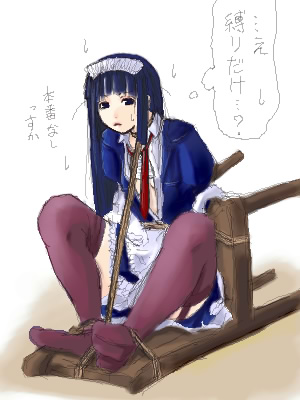 1girl alice_(ragnarok_online) apron bad_id bad_source black_eyes black_hair blue_dress blunt_bangs bound bound_legs brown_thighhighs chair closed_mouth commentary_request dress expressionless full_body long_hair looking_at_viewer lowres maid maid_headdress mr.romance ragnarok_online sitting solo thighhighs translation_request waist_apron white_apron white_background