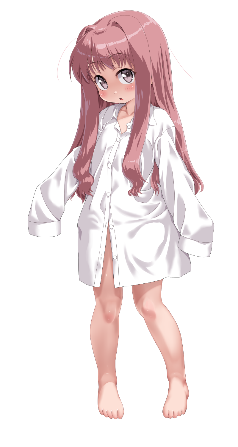 1girl barefoot blush dd_(ijigendd) flat_chest full_body highres looking_at_viewer naked_shirt original oversized_clothes parted_lips pink_eyes pink_hair shirt simple_background sleeves_past_fingers sleeves_past_wrists solo standing white_background