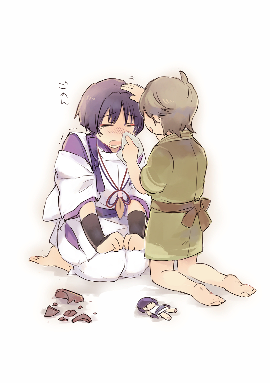 2boys armor barefoot blunt_ends blush broken_cup brown_hair brown_sash clenched_hands clothing_cutout crying eyeliner eyeshadow feathers genshin_impact green_kimono green_sleeves hair_intakes hands_on_own_thighs headpat highres hip_vent holding_napkin japanese_armor japanese_clothes kariginu kimono kimono_skirt kneeling kote kurokote layered_clothes layered_kimono layered_sleeves makeup multiple_boys napkin oga914 open_mouth pants pom_pom_(clothes) purple_hair purple_kimono purple_sash purple_sleeves red_eyeliner red_eyeshadow sash scaramouche&#039;s_sickly_friend_(genshin_impact) scaramouche_(genshin_impact) scaramouche_(kabukimono)_(genshin_impact) seiza short_sleeves shoulder_cutout sitting string stuffed_toy tasuki tears trembling white_background white_pants yellow_feathers yellow_trim