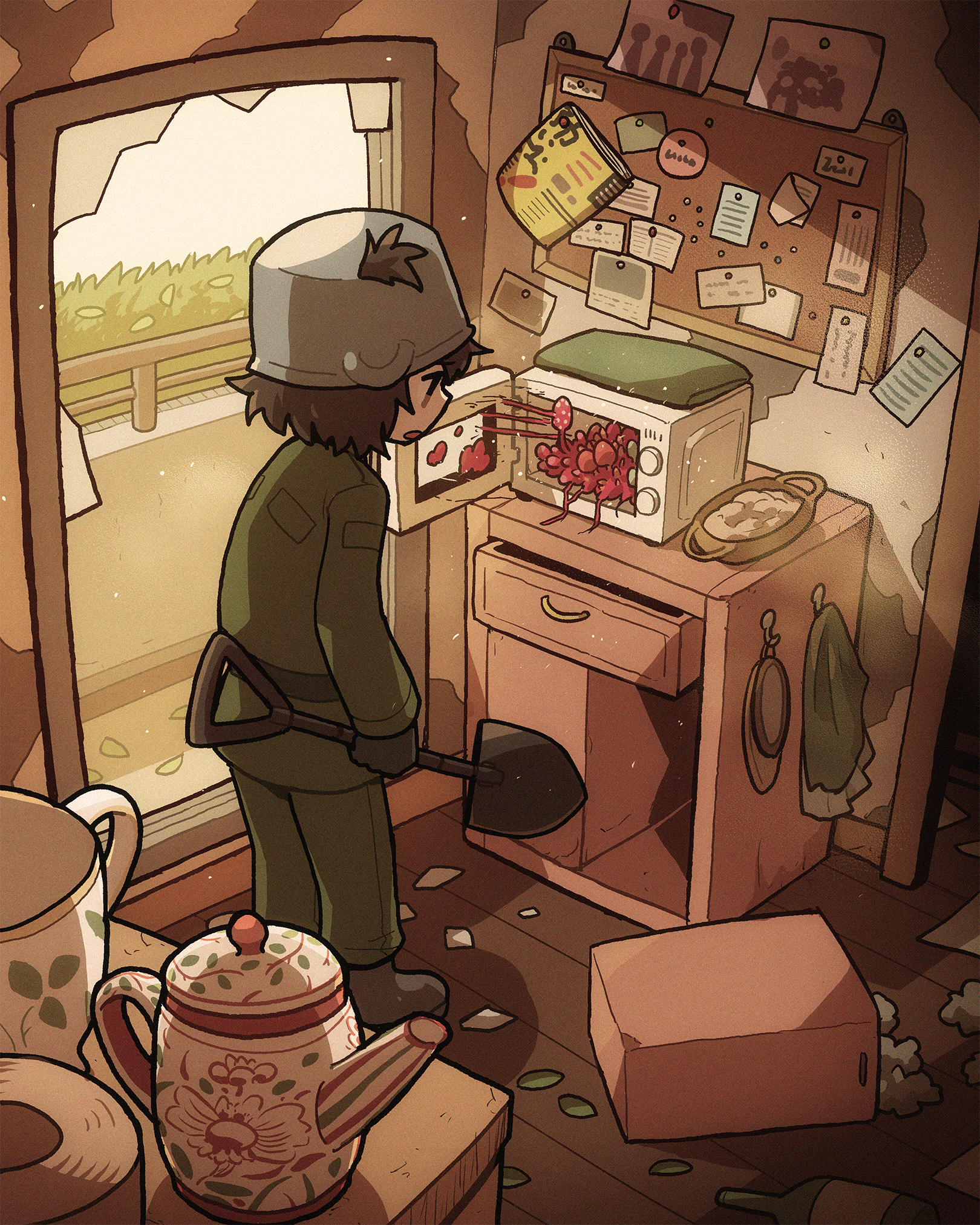 1girl backlighting black_gloves black_hair boots bulletin_board drawer floor gloves green_jacket green_pants highres holding holding_shovel indoors jacket light_particles microwave military_uniform mushroom open_mouth original pants pot_on_head short_hair shovel solo takurada teapot window wooden_floor