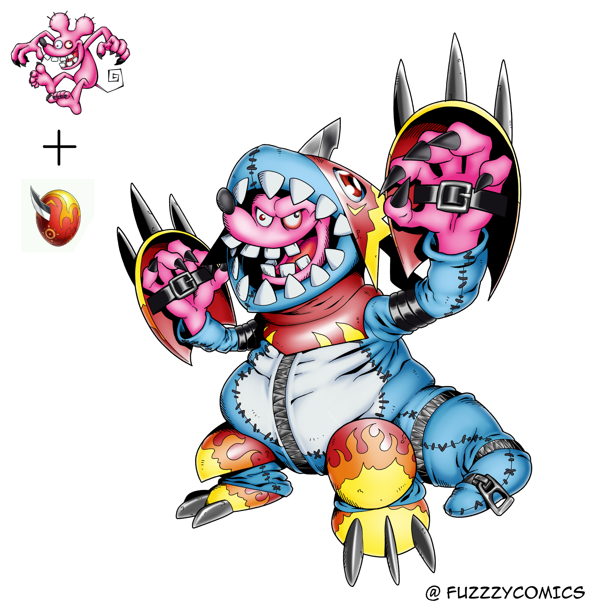 claws colored_skin cosplay digimental digimental_of_courage digimon digimon_(creature) fladramon fladramon_(cosplay) fuzzzycomics highres mouse_(animal) oridigi original pink_skin twitter_username tyumon zipper zipper_pull_tab