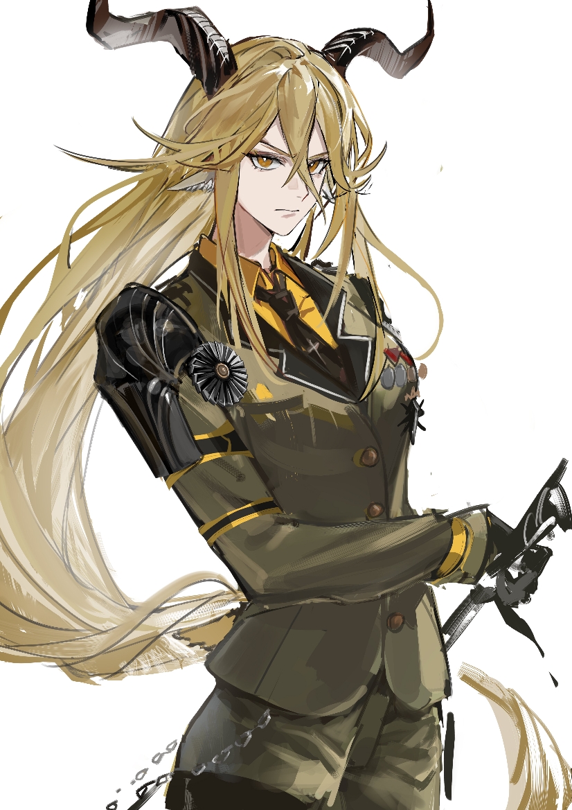 1girl animal_ear_fluff animal_ears arknights arm_strap armor belt_chain black_necktie blonde_hair breasts bright_pupils brown_horns buttons closed_mouth collared_shirt commentary cowboy_shot crossed_bangs degenbrecher_(arknights) dress_shirt eyelashes floating_hair from_side frown gloves goat_girl goat_horns goat_tail green_jacket green_pants grey_gloves hair_between_eyes hana_zi hand_on_hilt high_collar hilt horns jacket lapels large_breasts long_bangs long_hair long_sleeves looking_at_viewer looking_to_the_side low-tied_long_hair medal military military_jacket military_uniform necktie notched_lapels orange_shirt pants pauldrons shadow shirt shoulder_armor sidelocks simple_background single_pauldron solo standing straight_hair swept_bangs symbol-only_commentary tail v-shaped_eyebrows very_long_hair white_background white_pupils wing_collar yellow_eyes