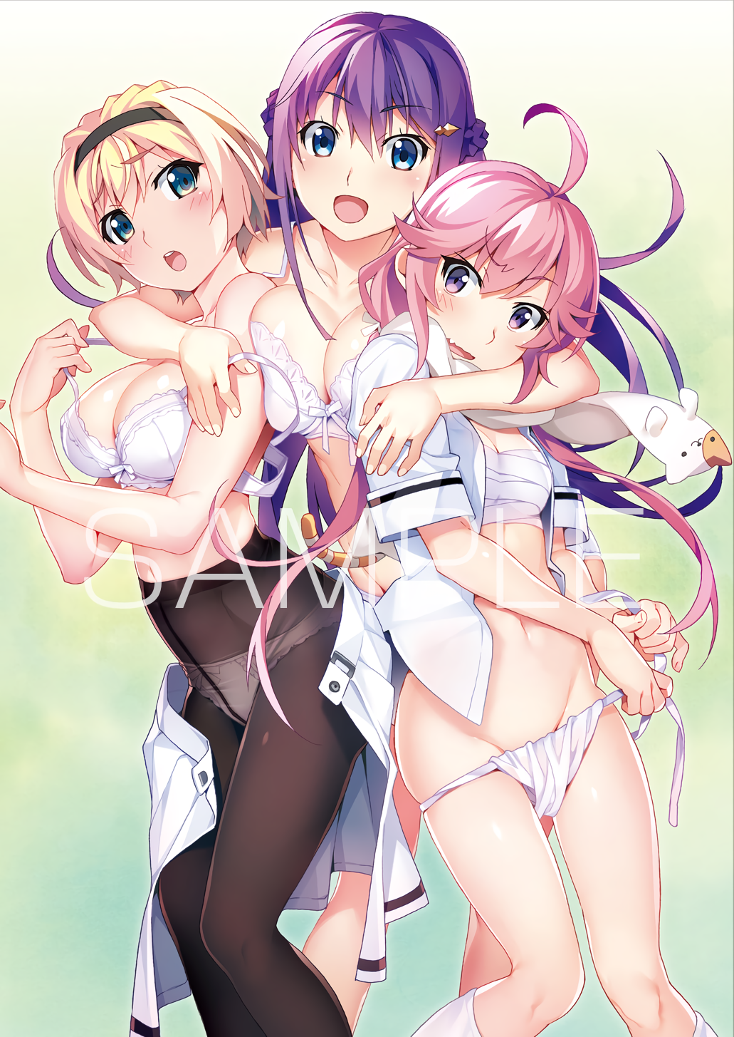 3girls ahoge aqua_eyes blonde_hair blue_eyes braid breasts crotch_seam feet_out_of_frame french_braid fukami_rena fundoshi grisaia_(series) grisaia_phantom_trigger group_hug hairband highres hug ikoma_murasaki japanese_clothes kujirase_christina_sakurako large_breasts long_hair looking_at_viewer multiple_girls navel official_art open_clothes open_mouth open_shirt panties panties_under_pantyhose pantyhose pink_hair pleated_skirt purple_eyes purple_hair sample_watermark scarf short_hair short_sleeves skirt small_breasts strap_pull strap_slip underwear watanabe_akio watermark wavy_mouth white_panties white_skirt