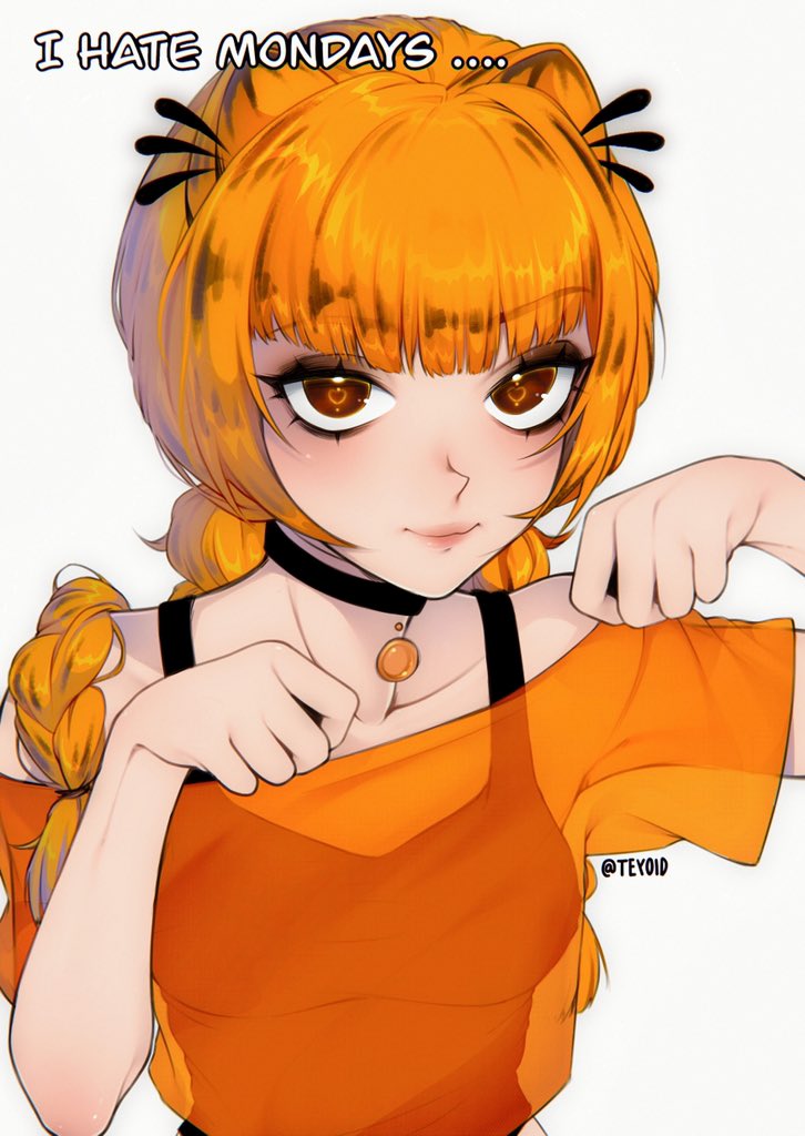 1girl animal_ears black_choker black_tank_top blonde_hair braid brown_eyes cat_ears cat_girl choker closed_mouth english_text garfield garfield_(character) genderswap genderswap_(mtf) hair_over_shoulder looking_at_viewer paw_pose personification see-through_clothes simple_background solo tank_top teyoid twin_braids twitter_username white_background
