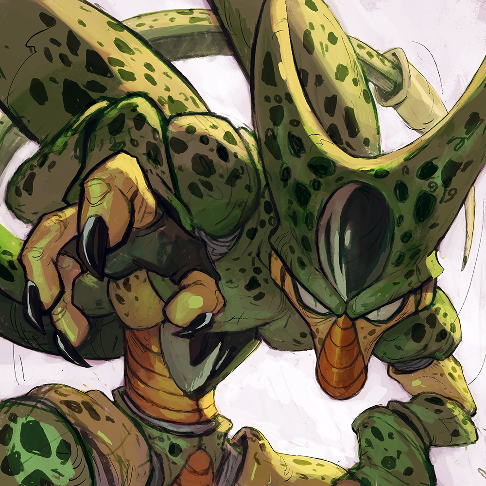 1boy black_nails carapace cell_(dragon_ball) claws colored_skin dragon_ball dragonball_z fewer_digits fighting_stance garrett_hanna green_skin horns imperfect_cell insect_wings male_focus monster multicolored_skin nail_polish narrow_waist slit_pupils solo tail two-tone_skin white_background wings