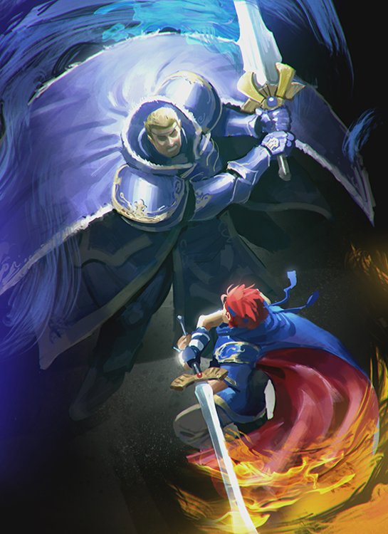 2boys armor aura battle blonde_hair blue_cape blue_fire cape clenched_teeth fighting fire fire_emblem fire_emblem:_the_binding_blade from_above gauntlets glowing glowing_weapon greatsword headband high_collar illustman_(u_ip8s) looking_at_another multiple_boys nintendo red_hair roy_(fire_emblem) short_hair shoulder_armor sword teeth weapon zephiel_(fire_emblem)