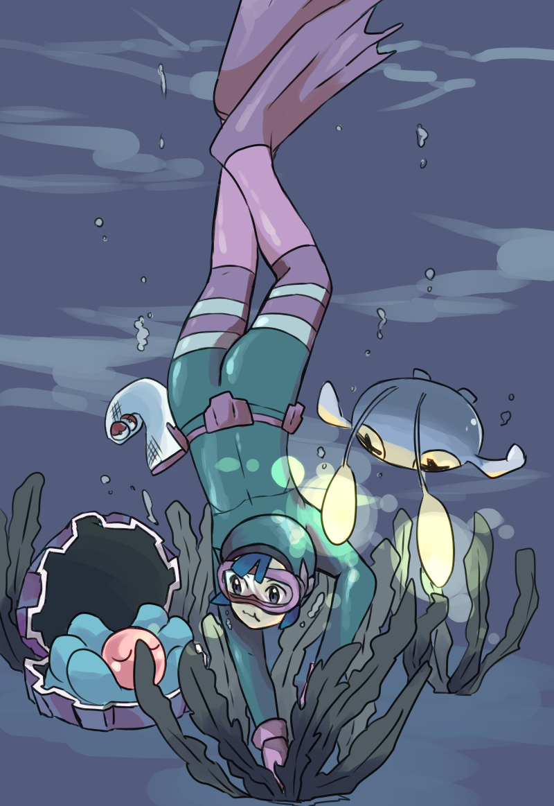 1girl black_eyes blue_hair chinchou clamperl creature dark diving_mask diving_suit flippers free_diver_(pokemon) full_body gen_2_pokemon gen_3_pokemon goggles light mizuto_(o96ap) nintendo poke_ball poke_ball_(basic) pokemon pokemon_(creature) pokemon_oras underwater water