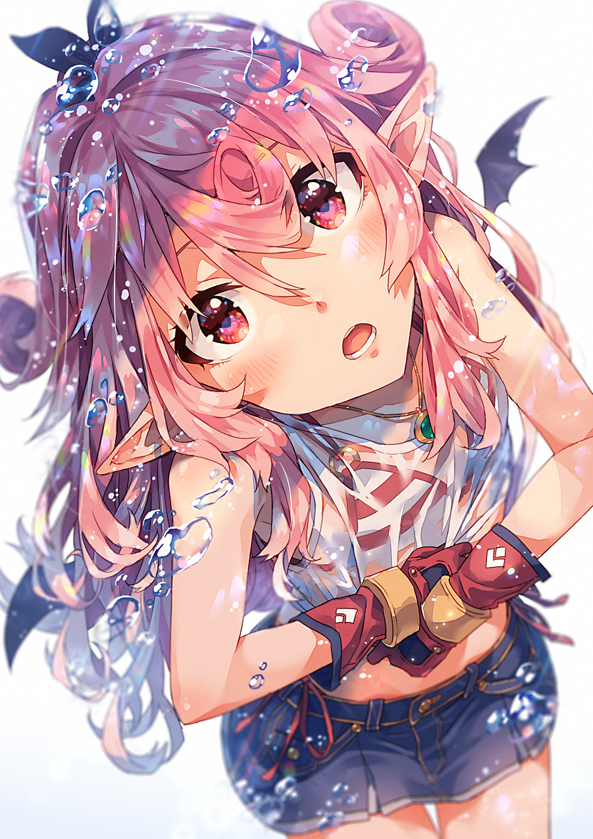 1girl blue_skirt blush bubble female_focus gloves long_hair looking_at_viewer narumi_arata original parted_lips pink_eyes pink_hair pointy_ears recri_(narumi_arata) red_gloves skirt solo teeth wings