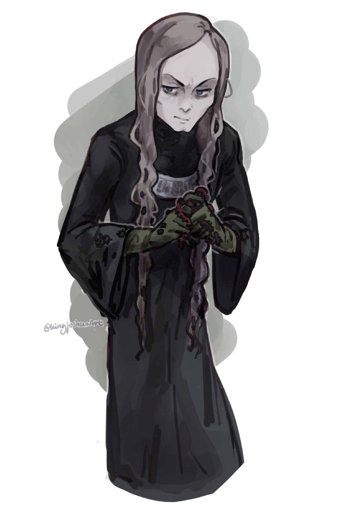 1boy artist_name black_eyes black_robe brown_hair cleft_chin closed_mouth commentary cropped_legs english_commentary enki_(fear_&_hunger) fear_&_hunger_(series) fear_&_hunger_1 forehead gloves green_gloves grey_background highres holding kingjoshua long_hair long_sleeves male_focus robe solo twitter_username two-tone_background white_background